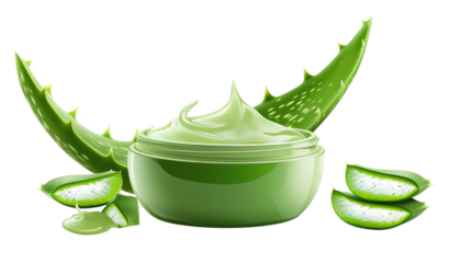 Aloe Vera skin care cream with plant leaves on transparent. Packaging brand design