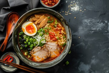 Top view of a gray bowl with Shoyu Ramen a Japanese meat noodle soup with chashu pork placed on a concrete table representing Asian cuisine