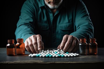 Senior man sorting medication on wooden table