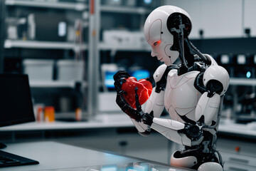 Fototapeta premium Female looking humanoid robot is holding a heart model in her arms. Cyborg with sad emotions, machine learning