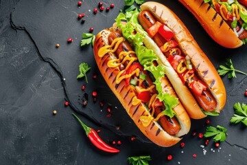 Top view of an American hotdog with grilled sausage tomato and lettuce on a dark background - obrazy, fototapety, plakaty
