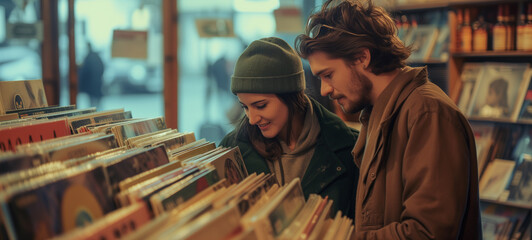 In a vintage record store, a couple flips through vinyl records, discovering shared musical favorites