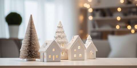 Obraz premium Festive home decor with Scandinavian vibes: Fir trees, plaid, and white houses on a wooden table in the living room.
