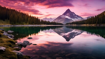 Mountain lake with reflection of the sky and clouds at sunset.