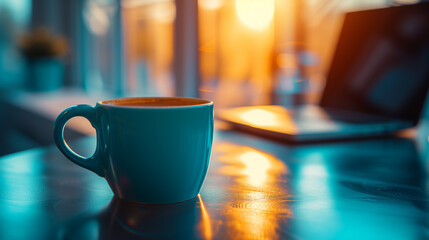 Fototapeta premium Cup of coffe on the table with laptop