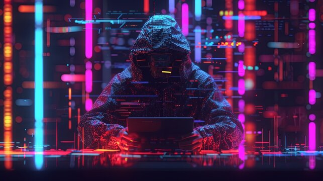 Guy hacker sits at a table in front of a laptop on a dark background. The man is stealing data. The concept of cybercrime and cybersecurity. Technology illustration for banner, brochure, presentation.
