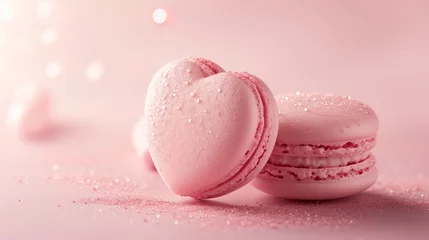 Tuinposter Pink heart shaped macaroon on a pink background © Vitaliy_Korzh