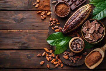 Top view of composition with cocoa pod and products on wooden background - obrazy, fototapety, plakaty