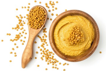 Top view of French mustard on white background with depth of field - obrazy, fototapety, plakaty