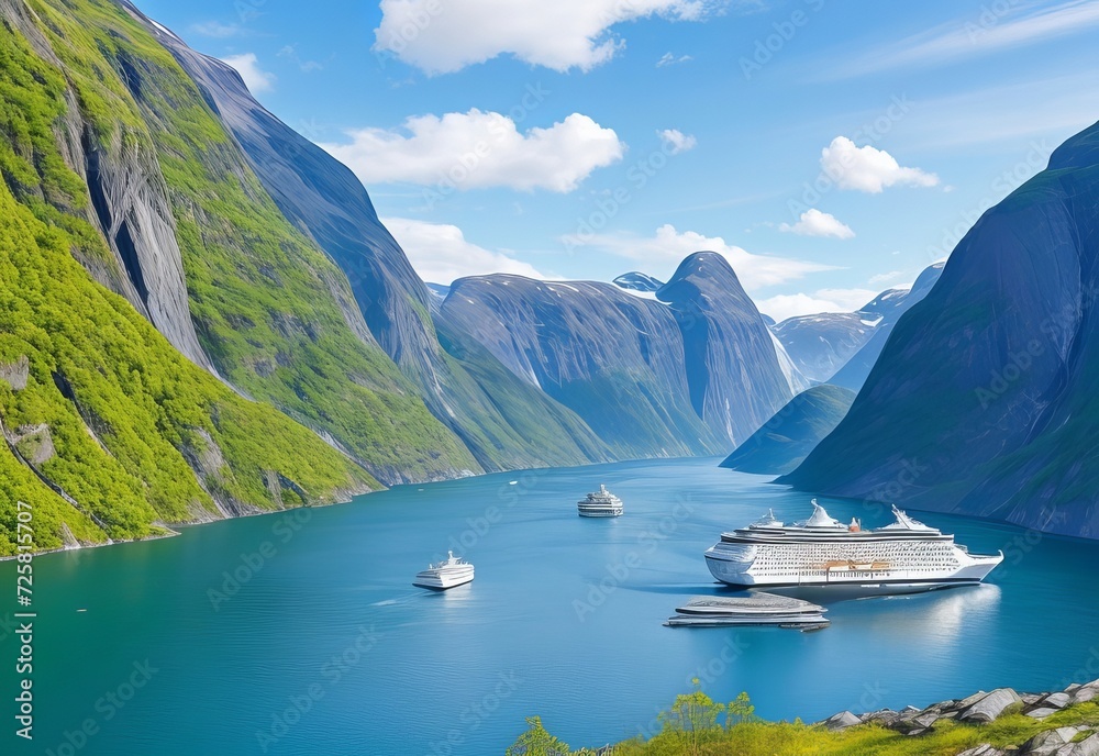 Wall mural cruise ship, cruise liners on geiranger fjord, norway - Wall murals