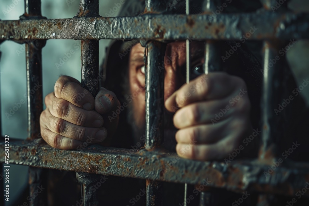 Wall mural a person is shown holding metal bars in a jail cell. this image can be used to depict incarceration,