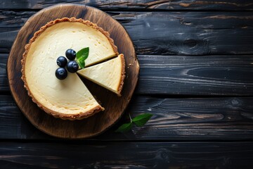Top view of New York cheesecake on a wooden or food background with space for text