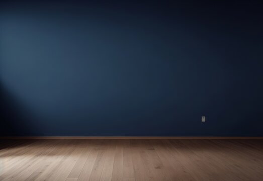 Dark blue wall in an empty room with a wooden floor
