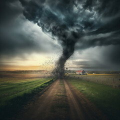 Raging tornado at the end of road with grass fields and houses covering sky with black clouds