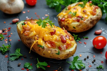 Traditional British food Jacket potatoes with tomato beans and cheddar cheese
