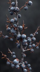 A long branch of blackthorn with thorns and berries on black background
