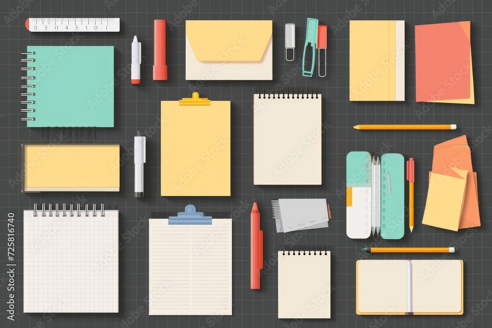 Poster a collection of office supplies neatly arranged on a table. perfect for illustrating workplace organ