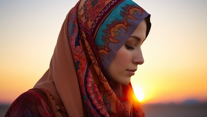 Portrait of a beautiful muslim woman wearing headscarf at sunset
