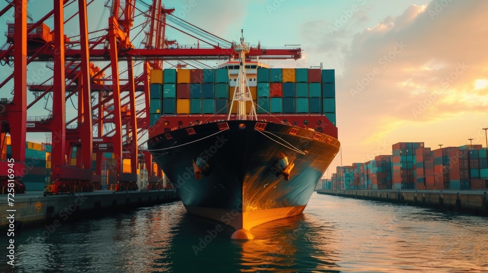 Poster A massive cargo ship is seen docked in the water, ready for loading and unloading. This image can be used to showcase global trade, logistics, or transportation industries