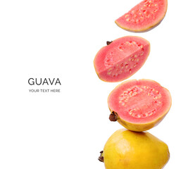 Creative layout made of guava on the white background. Flat lay. Food concept. Macro concept.