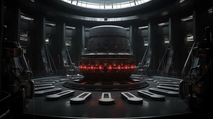 The interior of a high-tech facility with a glowing red nuclear fusion reactor at its center, surrounded by advanced machinery