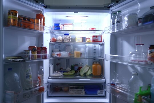 An image of an open refrigerator filled with a variety of food. This picture can be used to depict abundance, healthy eating, grocery shopping, or meal planning