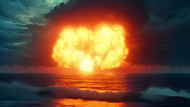 Powerful nuclear explosion in the ocean bomb with radioactive mushroom cloud and fire. Radiation and disaster. World War