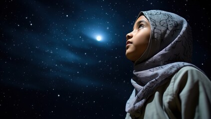Young muslim woman in hijab looking at night sky