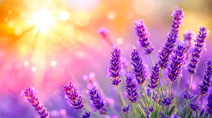 Lavender flower field background. Glade with purple flowers and green grass. Illustration for banner, poster, cover or presentation.