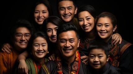 Happy four generation family portrait with children and parents in studio setting
