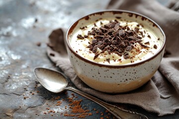 Vanilla pudding with chocolate crumbs on grey background with spoon