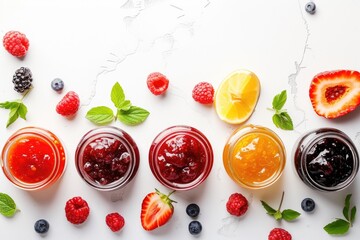 Various homemade summer berry and fruit jams in small jars on a white background with room to copy - Powered by Adobe