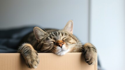 A domestic cat sleeps in a box on a white background, creating an adorable and tranquil scene, perfect for portraying the comfort of a cat's nap.