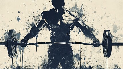 A strong athlete with large textured muscles holds a barbell with small metal pancakes. Graffiti-style digital art with paint splatters. Illustration for cover, card, interior design, brochure, etc. - obrazy, fototapety, plakaty