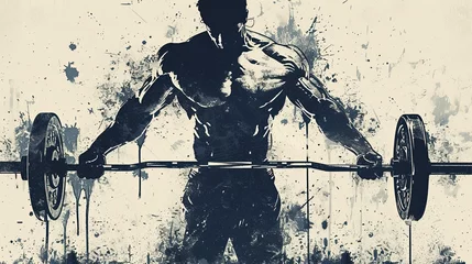 Ingelijste posters A strong athlete with large textured muscles holds a barbell with small metal pancakes. Graffiti-style digital art with paint splatters. Illustration for cover, card, interior design, brochure, etc. © Login