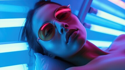 A woman relaxing in a tanning bed, wearing sunglasses. Perfect for beauty and wellness concepts - obrazy, fototapety, plakaty