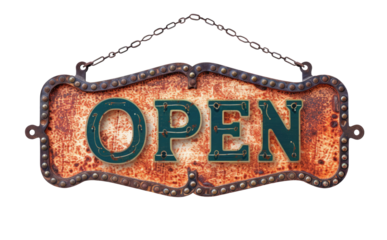 Realistic signboard OPEN isolated on transparent background. Come in, we`re open