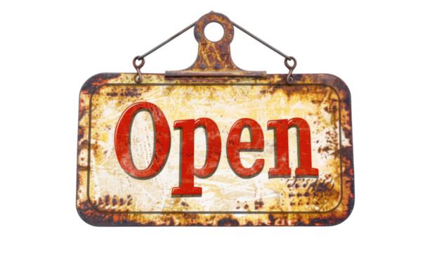 Realistic signboard OPEN isolated on transparent background. Come in, we`re open