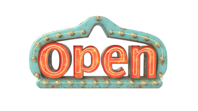 Realistic signboard OPEN isolated on transparent background. Come in, we`re open