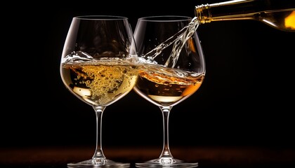 Luxurious white wine pour into glass on dark background, creating an elegant ambiance.