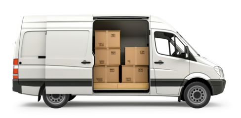 White cargo van with cardboard boxes for shipping, isolated on white or transparent background