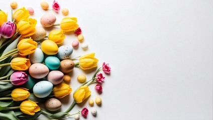 Top view of mockup with free space. Easter quail colorful eggs and springtime flowers as tulips and daffodils over white background. Spring holidays concept with copy space. Generative Ai - obrazy, fototapety, plakaty