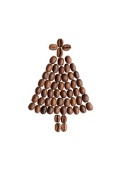 Christmas tree made of coffee beans isolated on white background.