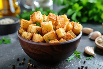 White bowl with crispy croutons isolated
