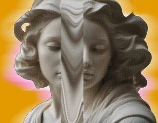 Angel sculpture. Conceptual graphic poster in retro style and grainy effect.