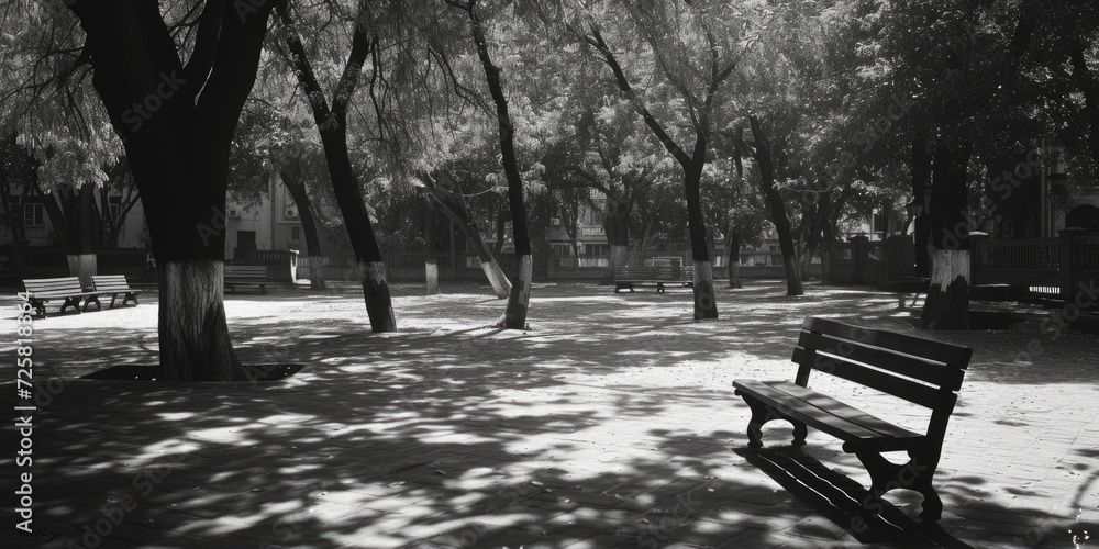Poster A black and white photo of a park bench. Ideal for adding a touch of nostalgia or serenity to any project
