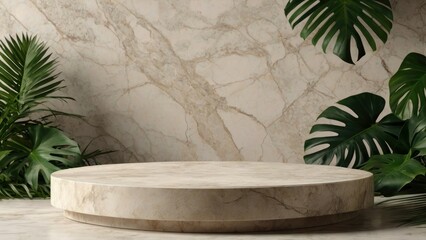 Obraz premium Cosmetics product advertising podium stand with tropical leaves background. Empty natural stone pedestal platform to display beauty product. Mockup. generative, ai. 
