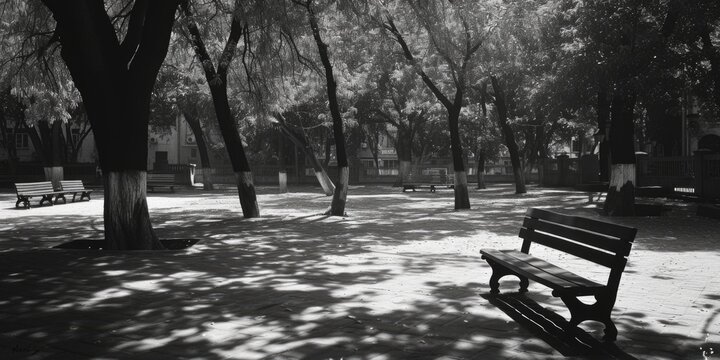 A black and white photo of a park bench. Ideal for adding a touch of nostalgia or serenity to any project
