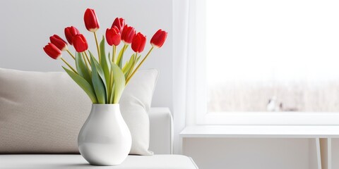 Modern white living room featuring a vase of red tulips.