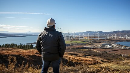 Offshore wind turbine technician gazing at the vast ocean from the tower s summit